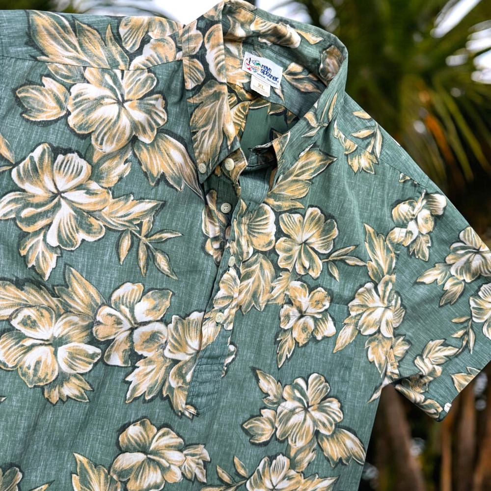 Vintage Reyn Spooner Shirt XL Green Hibiscus Cotton Pullover Hawaiian Aloha